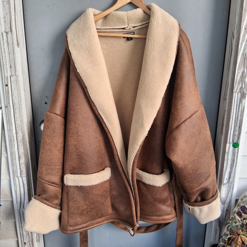 PrettyLittleThing Plus Brown Faux Suede Shearling Aviator Jacket US 22 Oversized
